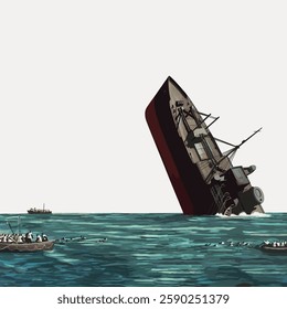 Illustration of a sinking ship in the ocean. Lifeboats with people nearby. Dramatic scene of a ship sinking. Ocean waves around the sinking ship. Vintage illustration isolated on white, vector.