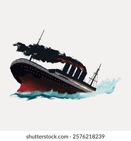 Illustration of a sinking ship with smoke and waves. The ship is tilting, surrounded by water. Dramatic scene of a ship in distress, with smoke and waves. Vintage art drawing illustration vector.