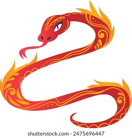 Illustration sinuous red serpent adorned flames vibrant yellow patterns isolated white background. Fiery mythical dragon Asian folklore design scales glowing decorations, twisting gracefully