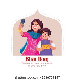 Ilustração de uma irmã e irmão alegremente tirando uma selfie juntos durante Bhai Dooj. Os irmãos expressam laços familiares próximos e espírito festivo, destacando o amor e a união.