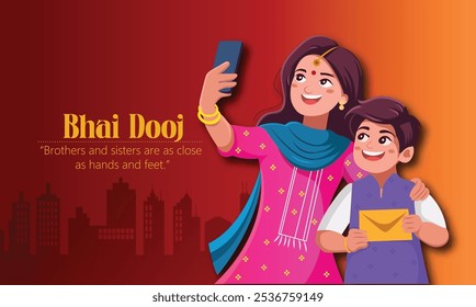 Ilustração de uma irmã e irmão alegremente tirando uma selfie juntos durante Bhai Dooj. Os irmãos expressam laços familiares próximos e espírito festivo, destacando o amor e a união.