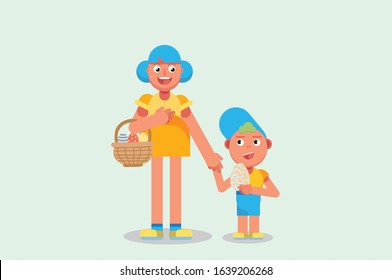 An illustration of sister carrying basket for Easter eggs and holding her brother. A vector of happy Easter, this illustration can use as a sticker also