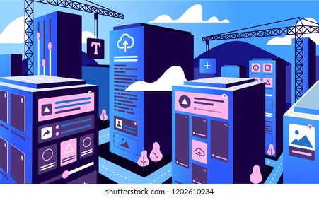 illustration of site development in the form of buildings with elements of the interface in flat style