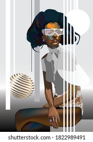 Ilustración de un modelo sentado con gafas de sol blancas.
