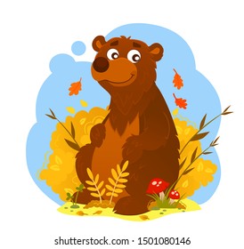 Illustration of sitting bear on the stump in the bushes and wild herbs. Piccture of a wild animal in its own habitat. Children illustration of fall season.