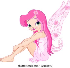 Illustration of a sitting cute pink young fairy