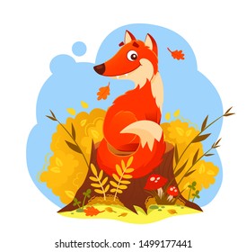 Illustration of sitting fox on the stump in the bushes and wild herbs. Piccture of a wild animal in its own habitat. Children illustration. Autumn season.