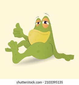 Illustration of a sitting frog in a relaxed position and showing a thumb up. Vector illustration.