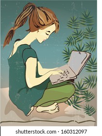 Illustration of sitting girl with PC