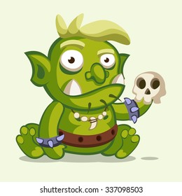 Illustration of a sitting little green ogre with blond hair and a skull in arm