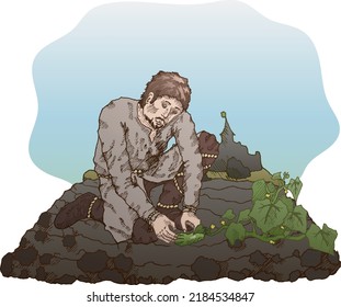 An illustration of a sitting medieval farmer. Cultivation of cucumbers, vegetables, castle, vegetable garden. Ready to use eps10 for your design