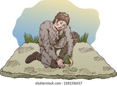 Illustration of a sitting medieval farmer. Mowing grass, Tool sickle, grass. Ready to use eps10 for your design. For decoration, posters and stickers