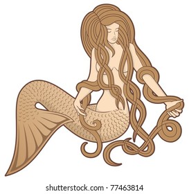 Illustration of a sitting mermaid with long hair on white background.