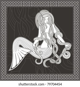Illustration of a sitting mermaid with long hair on black background and celtic border.