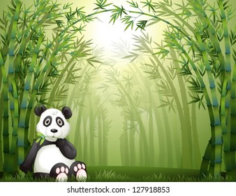 Illustration of a sitting panda bear in a bamboo forest