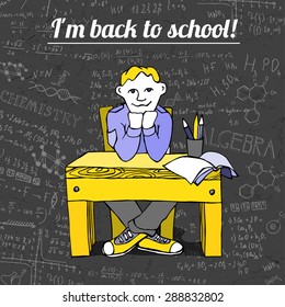 The illustration of a sitting schoolboy on a beautiful black scientific background with handwriting typography. Algebraic class blackboard. Vector fully scalable image. Back to School cartoon concept.