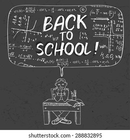 The illustration of a sitting schoolboy on a beautiful black scientific background with handwriting typography. Algebraic class blackboard. Vector fully scalable image. Back to School cartoon concept.