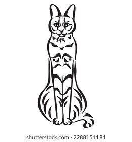 illustration of a sitting stripes cat isolated. Stylized savannah cat linear drawing. Cat silhouette drawing by hand. Vector image. Tattoo design.