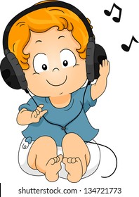 Illustration of a sitting Toddler Boy using Headphones while listening to Music