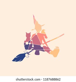 Illustration of sitting young witch. Witch silhouette with a broomstick, cat and raven. Halloween relative image. Silhouette textured by lines and dots pattern