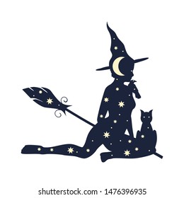 Illustration of sitting young witch. Witch silhouette with a broomstick, cat and raven textured by moon and stars. Halloween relative image