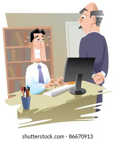 Illustration of a situation where boss keep an eye on a lazy employers