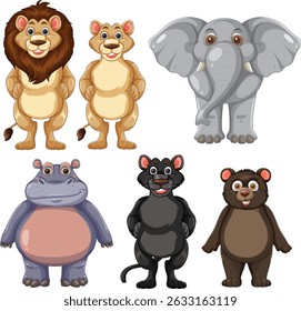 Illustration of six adorable cartoon animals standing upright