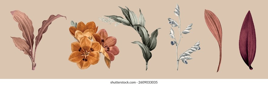 Illustration of six botanical elements: leaves and flowers. Features orange flowers and various leaves. Botanical art with flowers and leaves on beige. Nature illustrations, isolated element vectors.