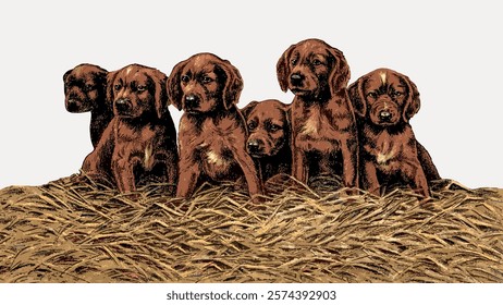 Illustration of six brown puppies sitting on hay. The puppies are brown, cute, and sitting together. Hay forms the base where the brown puppies rest. Vintage art drawing, isolated vector element.