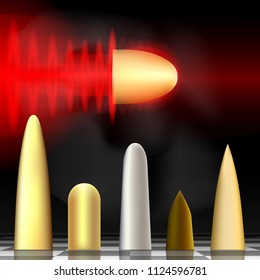 Illustration of six bullets one of which flies at great speed. Chess floor and smoke. Vector set.