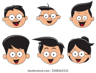 Illustration of six cartoon children's faces on a white background