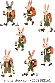 Illustration of six cartoon rabbits dressed as hikers with backpacks and lanterns, enjoying an outdoor adventure.
