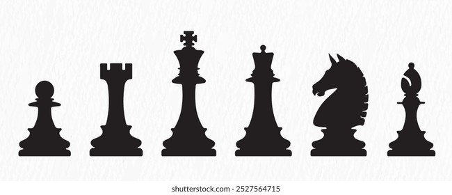 Illustration of six chess pieces (Pawn, Rook, King, Queen, Knight, Bishop), ideal for 
strategy, games, and design projects