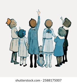 Illustration of six children, both boys and girls, standing together with a dog, pointing upwards. The children are dressed in vintage clothing. Vintage illustration vector.