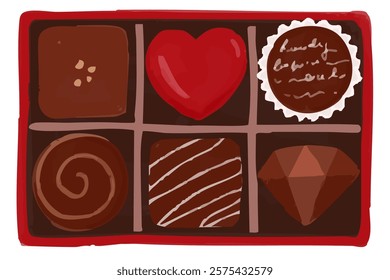 Illustration of six chocolate gifts in a box. The vector can be changed to your favorite arrangement.