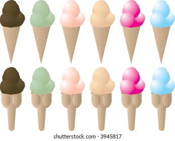 Illustration of six color variations of ice cream with tow different types of cone