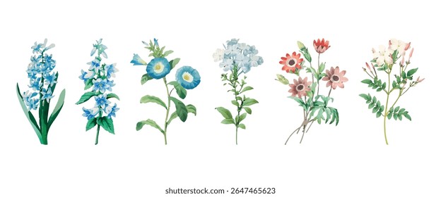Illustration of six colorful flowers, including blue, pink, and white blooms. Delicate flowers, watercolor style, with green leaves. Floral arrangement. Floral illustrations, isolated vector set.