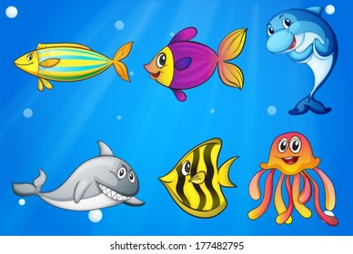 Illustration of the six colorful smiling fishes under the sea