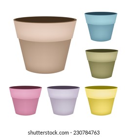 Illustration Six Colors of Empty Ceramic Flower Pots or Clay Plant Pots Isolated on A White Background. 