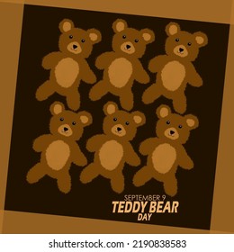 Illustration of six cute teddy bears with bold text on dark brown background to celebrate Teddy Bear Day on September 9