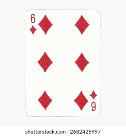 Illustration of a six of diamonds playing card. The card features six red diamond shapes. Simple playing card design with diamonds. Six of diamonds card. Vintage game illustration vector.