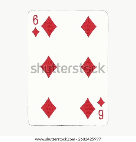 Illustration of a six of diamonds playing card. The card features six red diamond shapes. Simple playing card design with diamonds. Six of diamonds card. Vintage game illustration vector.