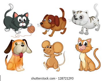 Illustration of six different animals with four legs on a white background