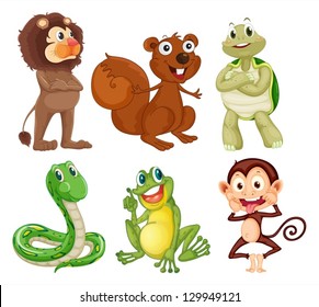 Illustration of the six different kinds of animals in the jungle on a white background