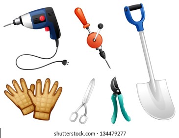 Illustration of the six different kinds of construction tools on a white background