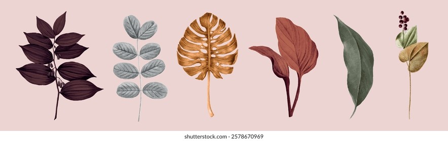 Illustration of six different leaves in various colors and shapes. Each leaf is distinct, showcasing unique textures and hues, creating a diverse botanical collection. Nature illustrations, vector set