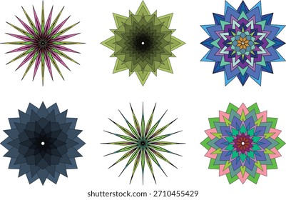 Ilustração de seis diferentes desenhos geométricos multicoloridos de estrelas isoladas sobre fundo transparente
