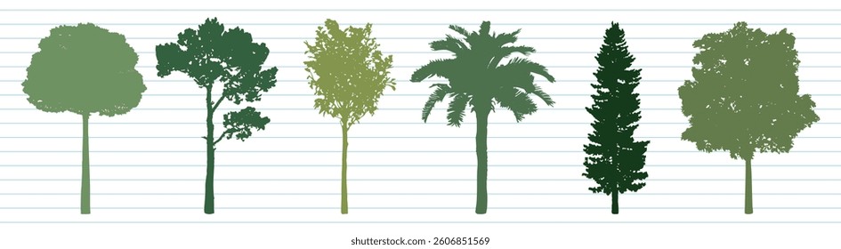 Illustration of six different tree silhouettes in varying shades of green, showcasing diverse tree shapes and foliage against a lined background. Botanical elements, vector set.