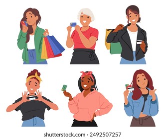 Illustration Of Six Diverse Women Happily Shopping Using Credit And Debit Cards. Each Woman Is Holding Shopping Bags And Showing Their Cards, Representing Modern Retail, Consumerism And Shopping