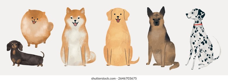 Illustration of six dogs: Dachshund, Pomeranian, Shiba Inu, Labrador, German Shepherd, Dalmatian. Dogs in various poses, each dog with unique features. Isolated animal vector set.
